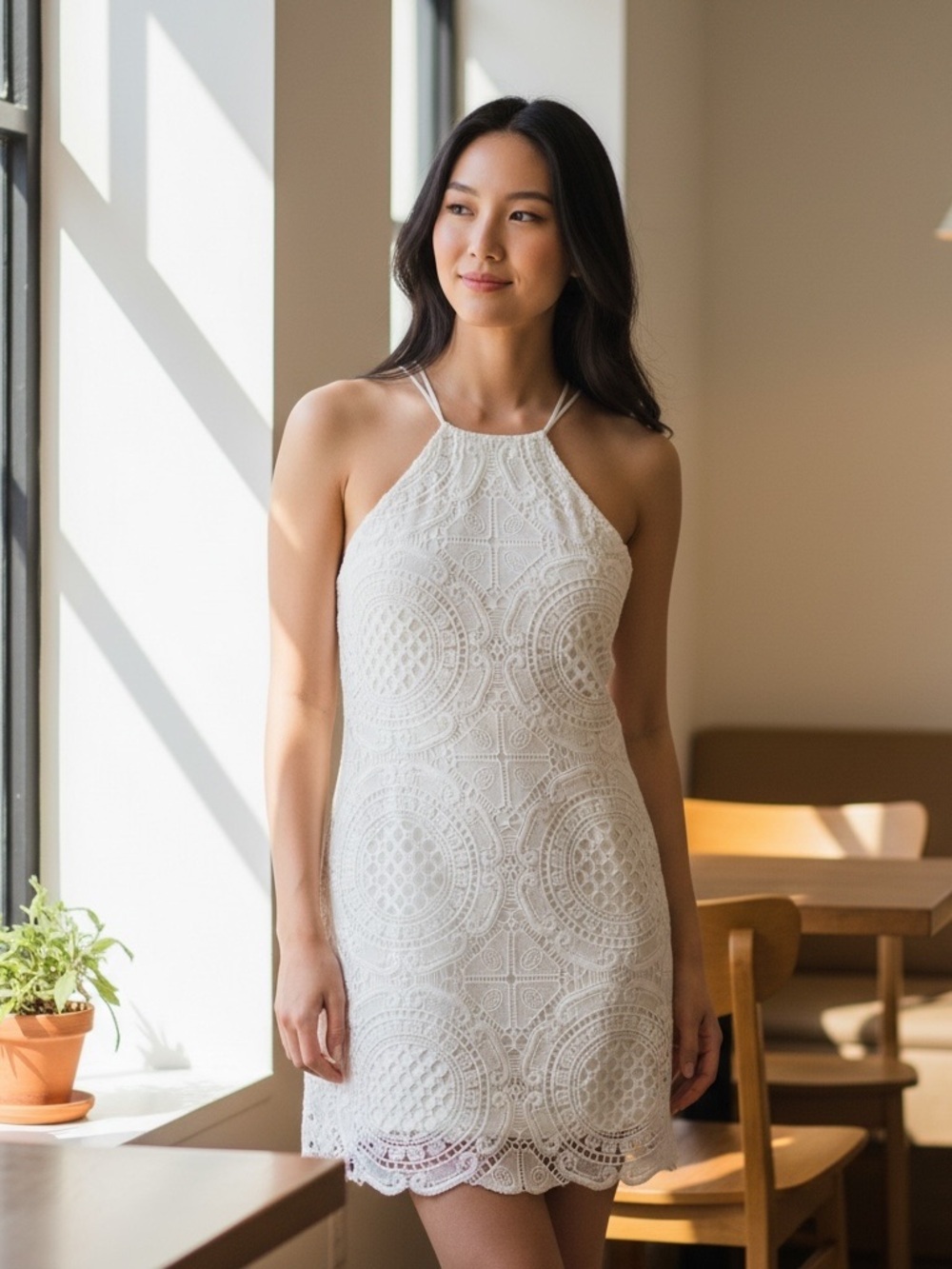 Style Stalker Elegant White Lace Halter Lined Mini Dress Women’s M